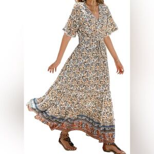 R. Vivimos Floral Maxi Dress with Orange and Blue Accents